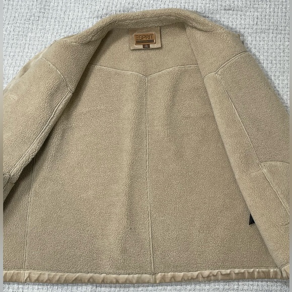 Vintage Esprit Suede Leather Sherpa Lined Button Up Coat Tan Size Large - Picture 4 of 14